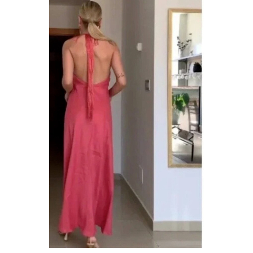 Zara Limited Edition Coral FringeLinen Halter Maxi Dress Size XS - Picture 4 of 11
